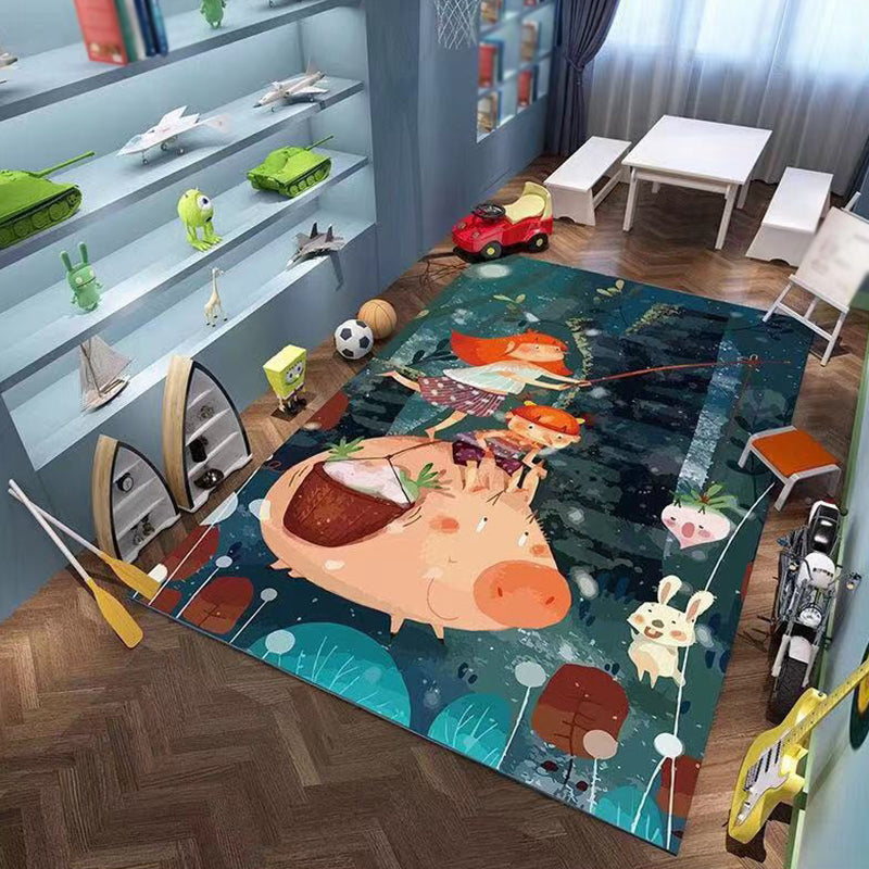 BowLift | Pink and Green Children Rug Polyester Cartoon Character Pattern Rug Pet-Friendly Washable Non-Slip Backing Rug for Decoration