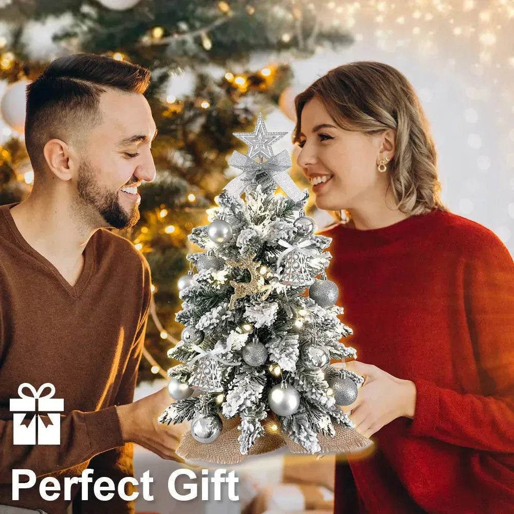 BowLift | 2ft Mini Christmas Tree Decoration With Flocked Snowflakes, Xmas Ornaments For Table Top For Home & Office