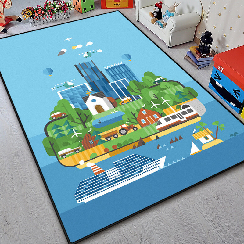 BowLift | Unique island design rug with tree Blue and Green children's rug Polyester Wash Friendly for pets Non-slip rug for the children's room