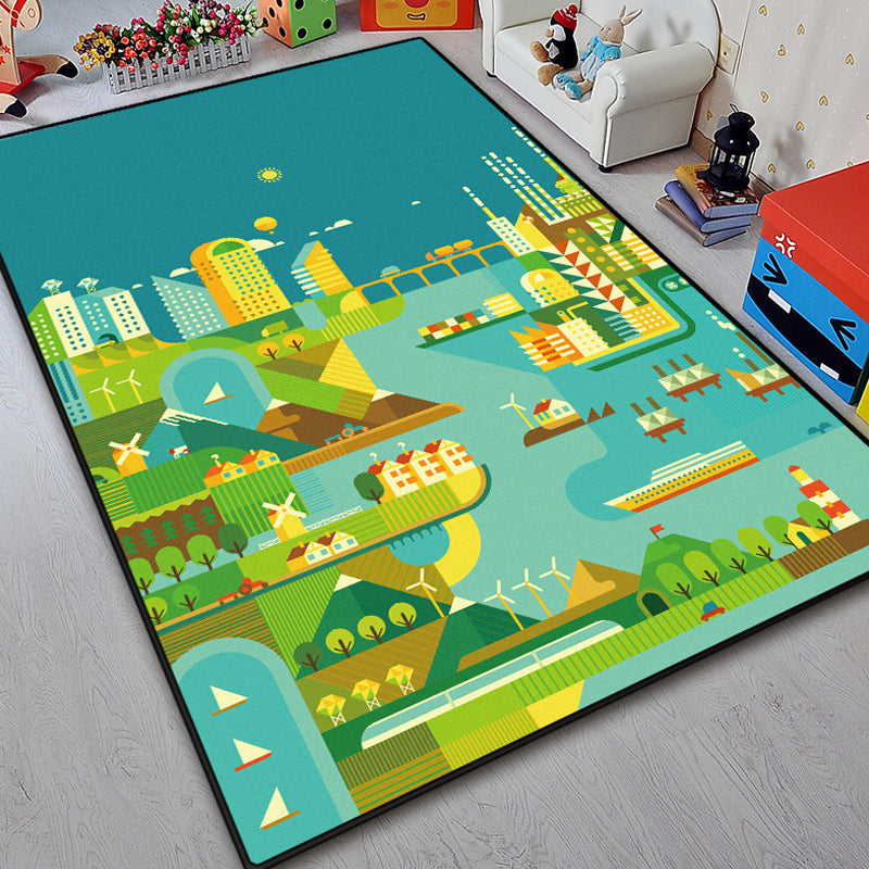 BowLift | Unique island design rug with tree Blue and Green children's rug Polyester Wash Friendly for pets Non-slip rug for the children's room