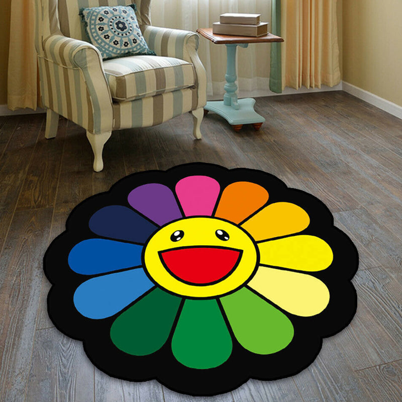 BowLift | Colorful Flower Pattern Rug Black Multicolor Kids Rug Polyester Pet Friendly Washable Area Rug for Kids Room