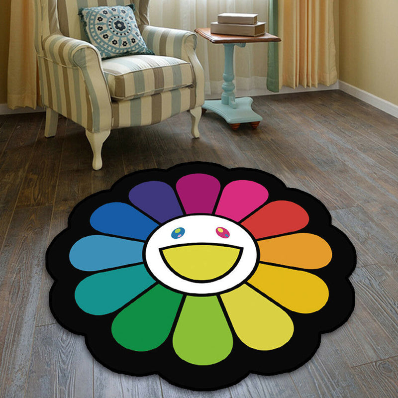 BowLift | Colorful Flower Pattern Rug Black Multicolor Kids Rug Polyester Pet Friendly Washable Area Rug for Kids Room