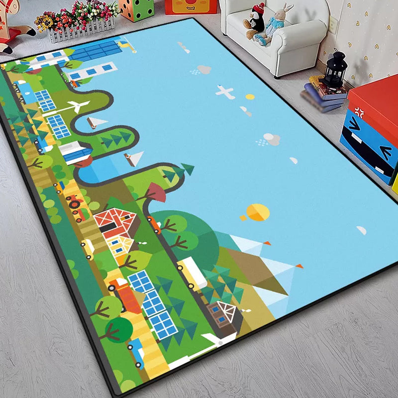 BowLift | Unique Construction Pattern Rug Blue Children's Rug Polyester Washable Pet-Friendly Non-Slip Rug for the Children's Room