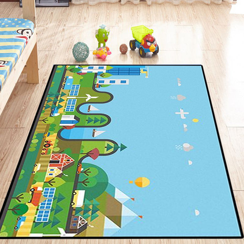 BowLift | Unique Construction Pattern Rug Blue Children's Rug Polyester Washable Pet-Friendly Non-Slip Rug for the Children's Room