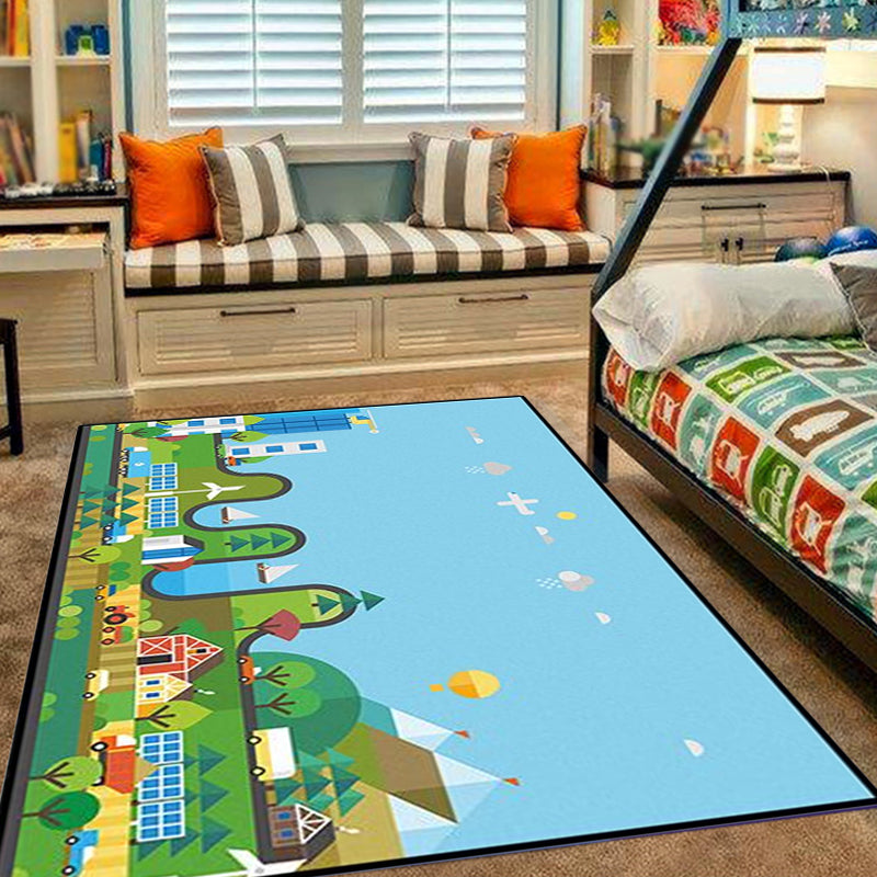 BowLift | Unique Construction Pattern Rug Blue Children's Rug Polyester Washable Pet-Friendly Non-Slip Rug for the Children's Room
