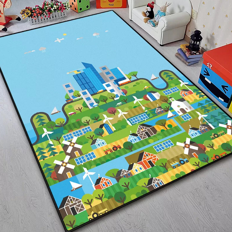 BowLift | Unique Construction Pattern Rug Blue Children's Rug Polyester Washable Pet-Friendly Non-Slip Rug for the Children's Room