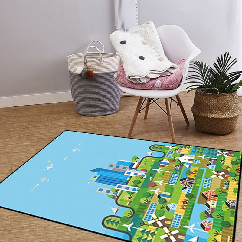 BowLift | Unique Construction Pattern Rug Blue Children's Rug Polyester Washable Pet-Friendly Non-Slip Rug for the Children's Room