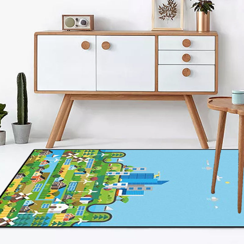 BowLift | Unique Construction Pattern Rug Blue Children's Rug Polyester Washable Pet-Friendly Non-Slip Rug for the Children's Room