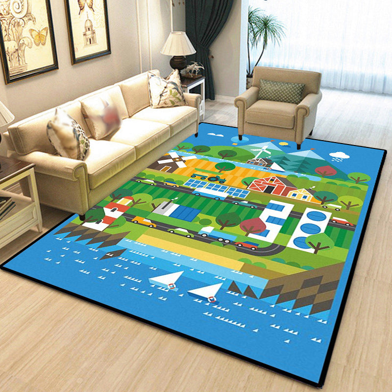 BowLift | Unique Construction Pattern Rug Blue Children's Rug Polyester Washable Pet-Friendly Non-Slip Rug for the Children's Room