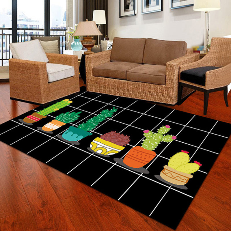BowLift | Children Cactus Pattern Rug Black and Green Polyester Rug Washable Pet-Friendly Non-Slip Area Rug for the Children's Room