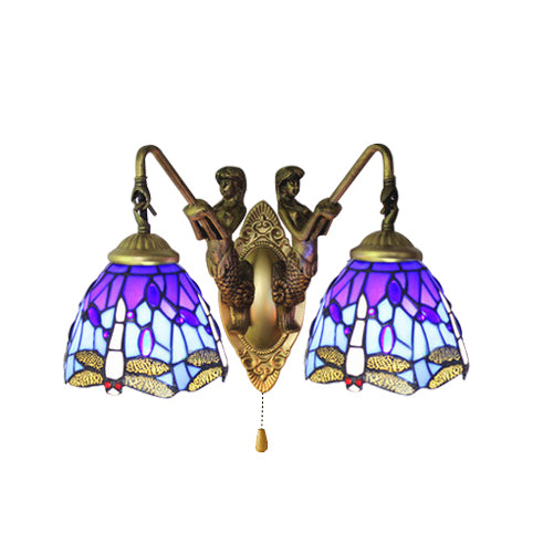 BowLift | Blue Glass Dragonfly Wall Lamp Tiffany 2 Heads Brass Wall Lamp with/without Pull Chain