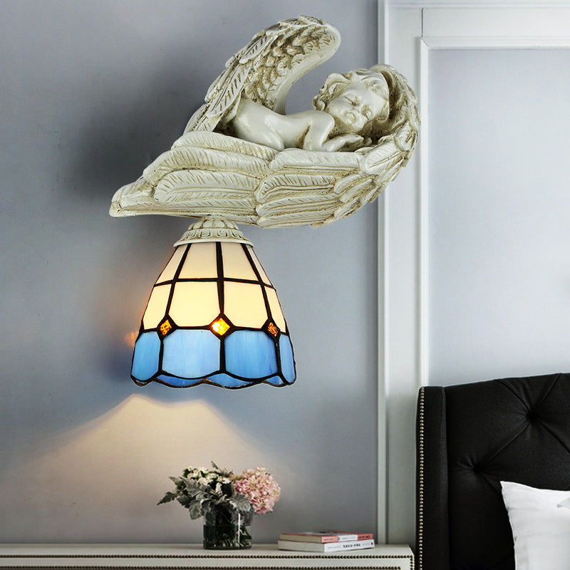 BowLift | Stained Glass Dome Wall Light with Resin Angel Loft Tiffany 1 Light Concealed Lamp in White/Clear