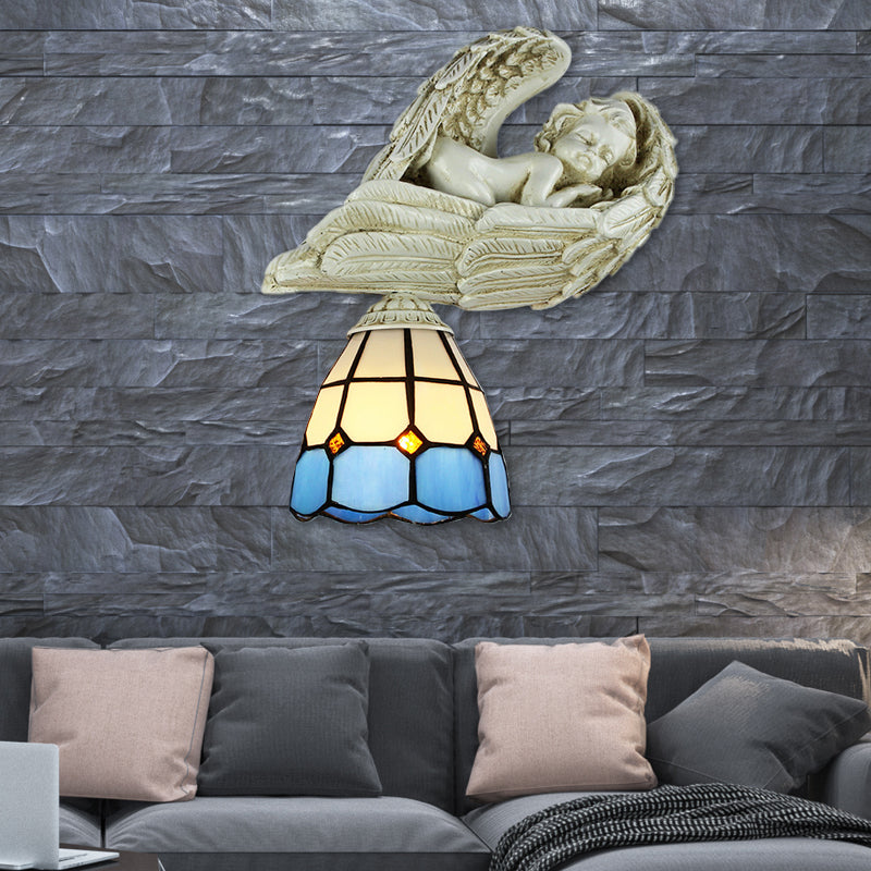 BowLift | Stained Glass Dome Wall Light with Resin Angel Loft Tiffany 1 Light Concealed Lamp in White/Clear