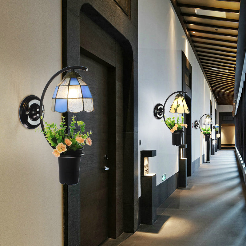 BowLift | Dome Wall Lamp Tiffany Stained Glass 1 Socket Blue Wall Lamp with Flower Decoration