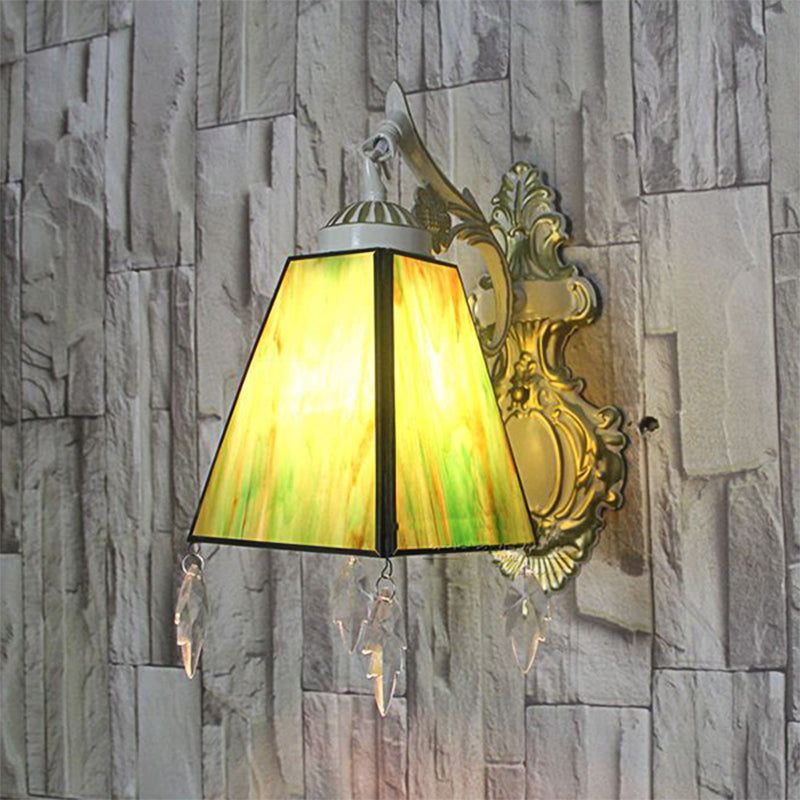 BowLift | Geometric Wall Lamp Tiffany Style Stained Glass 1 Light Wall Lamp Fixture with Leaf Pendant in Amber/Green/Clear