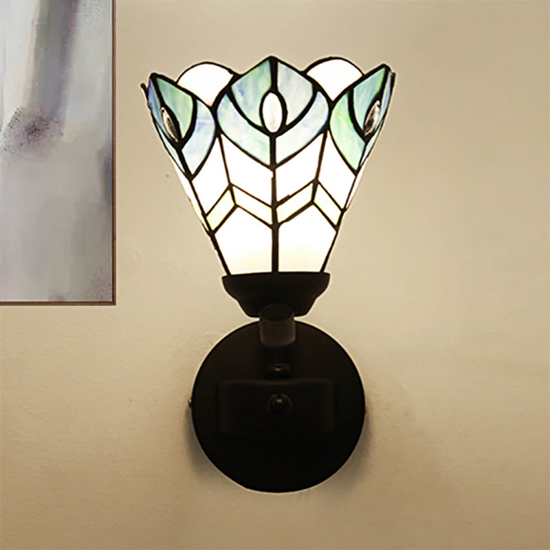 BowLift | Blue Scalloped Wall Mount Fixture with Curved/Arch Arm Tiffany Style Faceted Glass 1 Light Wall Mount Fixture for Bedroom