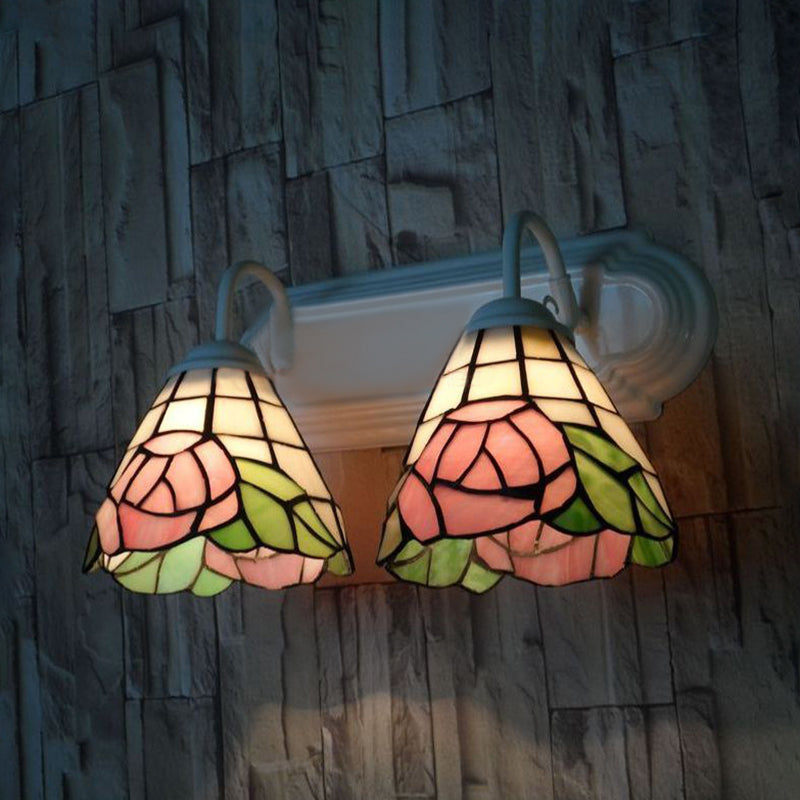 BowLift | Pink Rose Wall Mounted Light Victorian 2 Heads Multicolor Stained Glass Wall Lamp