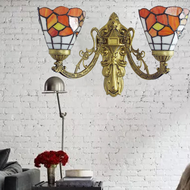BowLift | Stained Glass Wall Lamp Living Room 2 Lights Rustic Country Style Wall Lighting in Orange/Pink/Blue/Beige for Library