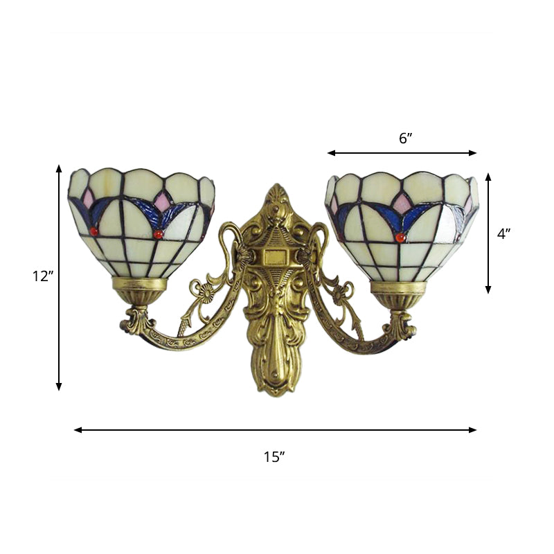 BowLift | Baroque Wall Lamp Fixture with Engraved Arm Braided Glass 2 Heads Wall Light in Blue/Beige for Library