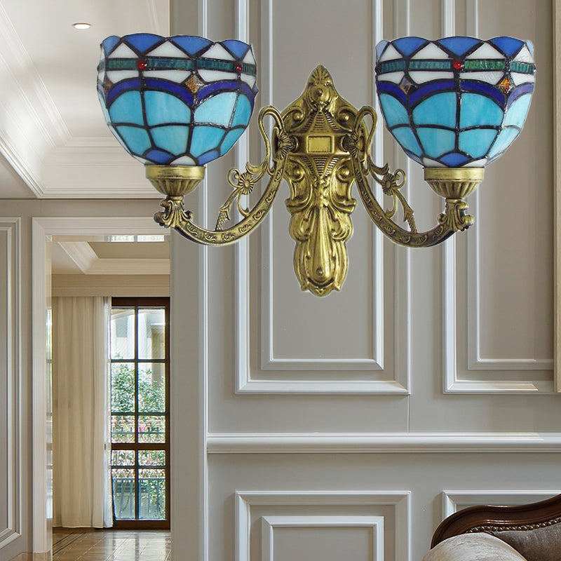 BowLift | Baroque Wall Lamp Fixture with Engraved Arm Braided Glass 2 Heads Wall Light in Blue/Beige for Library