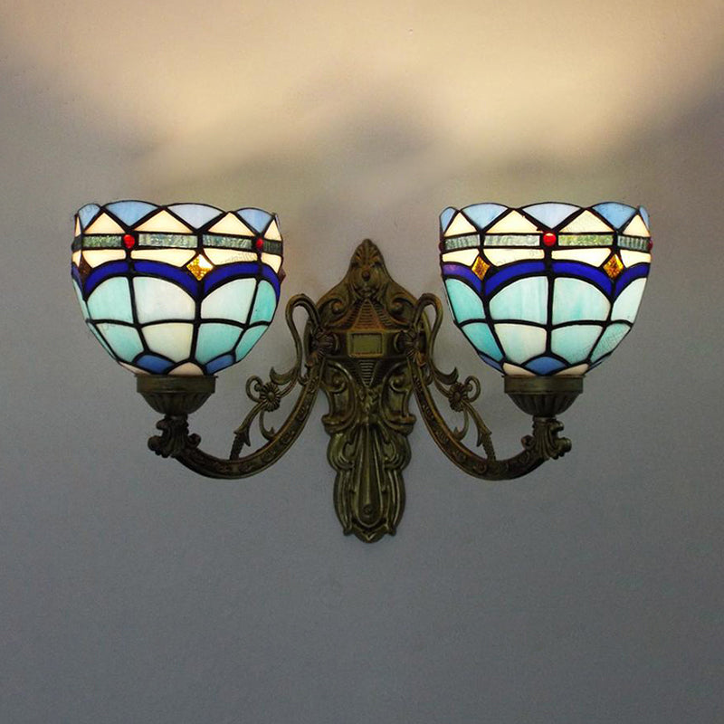 BowLift | Baroque Wall Lamp Fixture with Engraved Arm Braided Glass 2 Heads Wall Light in Blue/Beige for Library