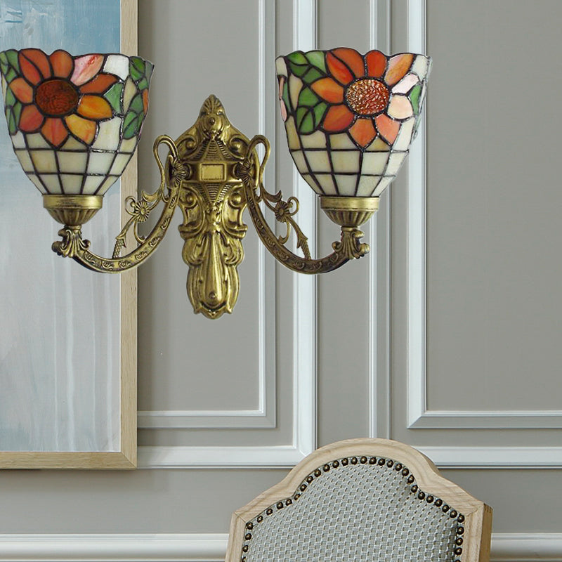 BowLift | Stained Glass Sunflower Wall Lamp Lodge Tiffany 2 Lights Wall Lamp in Green/Beige for Living Room