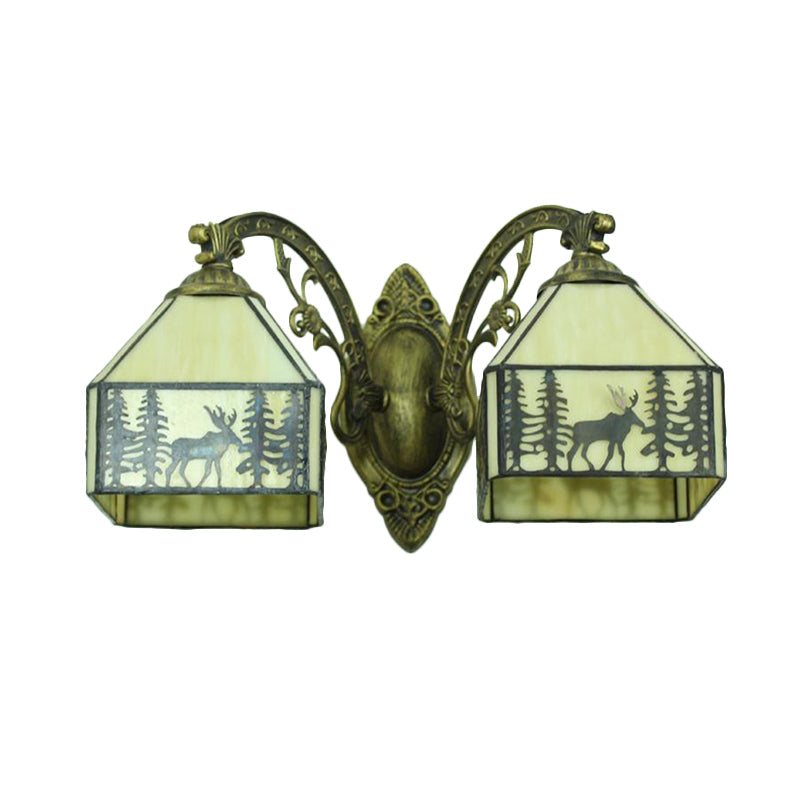 BowLift | 2 Heads Deer Wall Lamp with Carved Arm Lodge Stained Glass Wall Lighting in Beige for Hallway