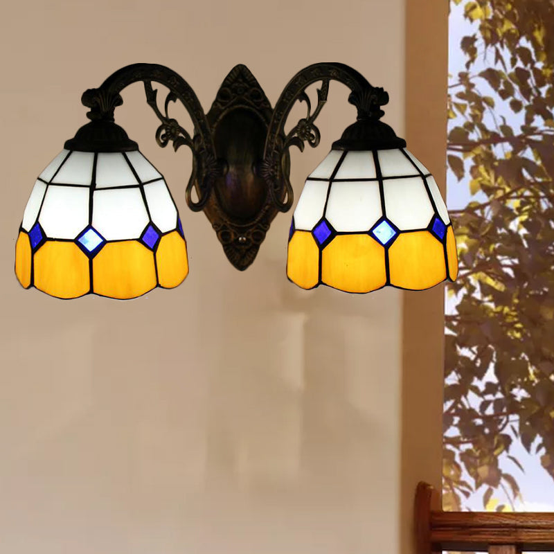 BowLift | Curved Arm Wall Mount Light with Amber Glass Bowl Shade 2 Heads Vintage Wall Light in Yellow