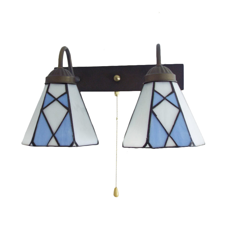 BowLift | Conical Stained Glass Wall Light Fixture Tiffany 2 Heads Blue/Orange Wall Lamp with Pull Chain