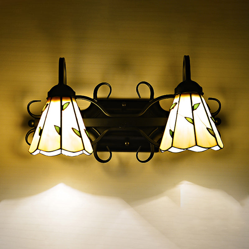 BowLift | 2 Light Cone Wall Lamp Woven Glass Lodge Style Bathroom Vanity Light in Beige