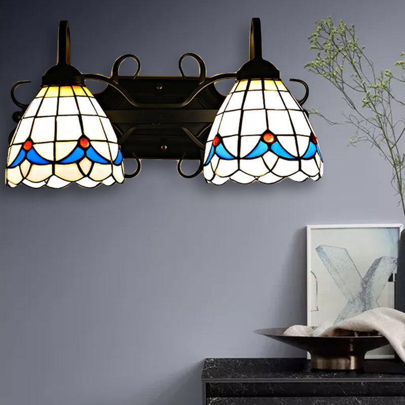 BowLift | Stained Glass Magnolia Wall Lighting Rustic Retro Style 2 Lights Sconce Lamp in Black for Bathroom