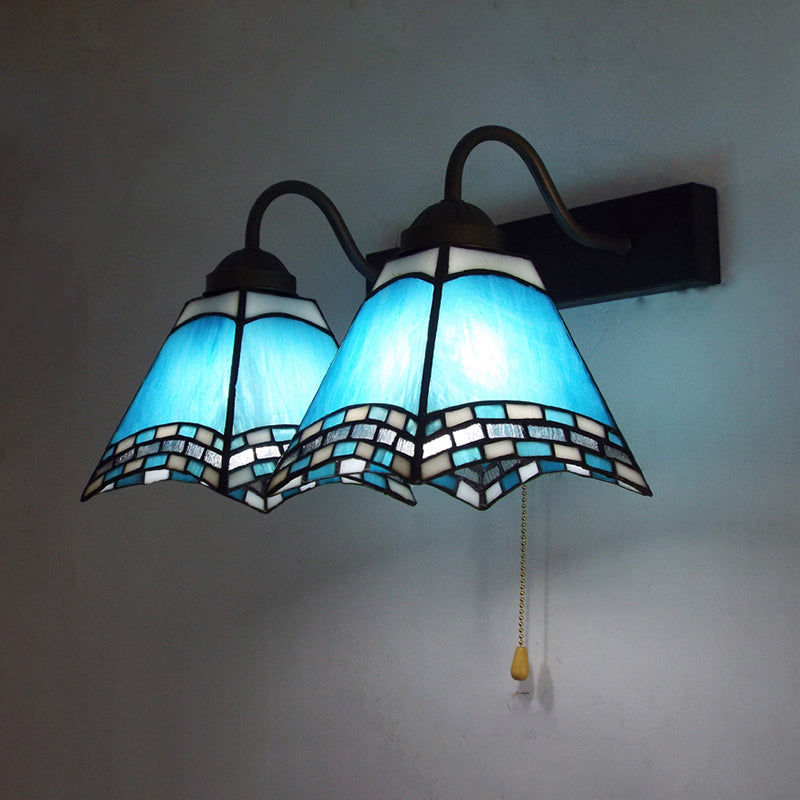 BowLift | Mediterranean Pyramid Wall-mounted Light 2 Heads Blue Glass Wall Lamp with Pull Switch