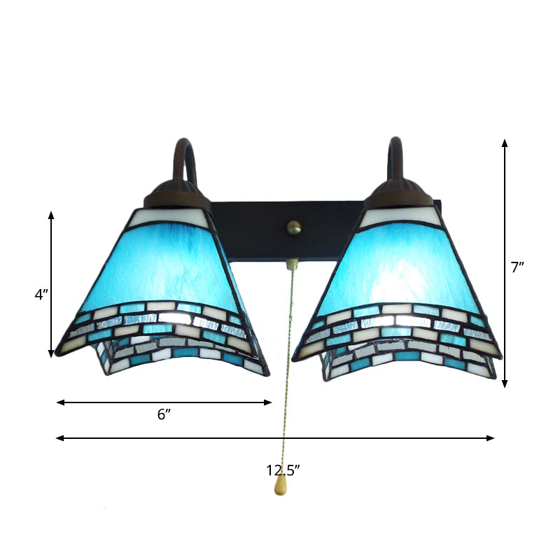 BowLift | Mediterranean Pyramid Wall-mounted Light 2 Heads Blue Glass Wall Lamp with Pull Switch