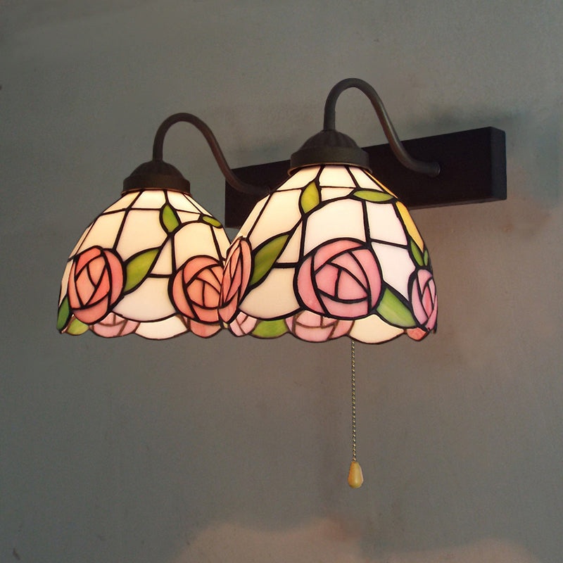 BowLift | Pink Wall Lamp Victorian Stained Glass 2 Heads Black Wall Lamp with Pull Switch