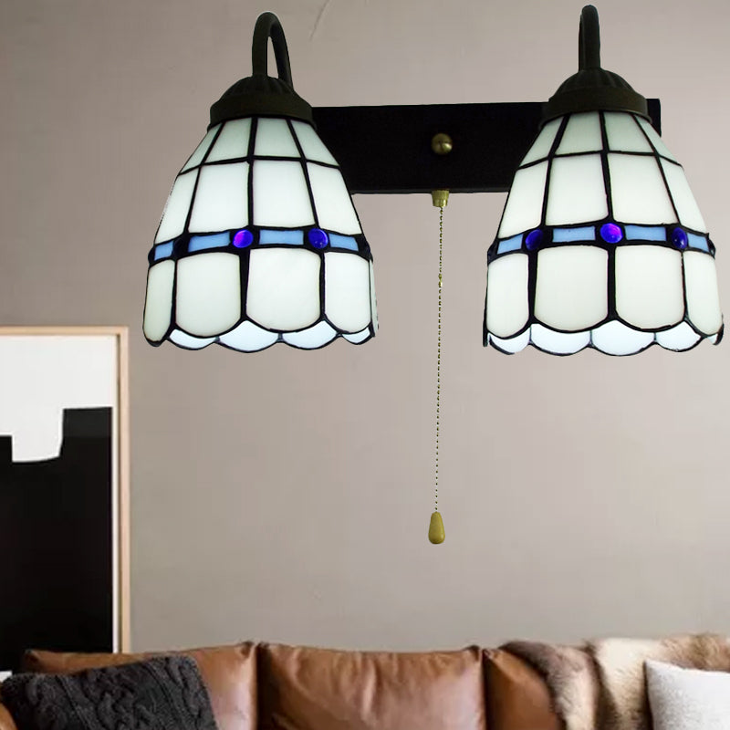 BowLift | 1 Head Wall Light Tiffany Grid Pattern White Glass Wall Mounted Light with Pull Chain