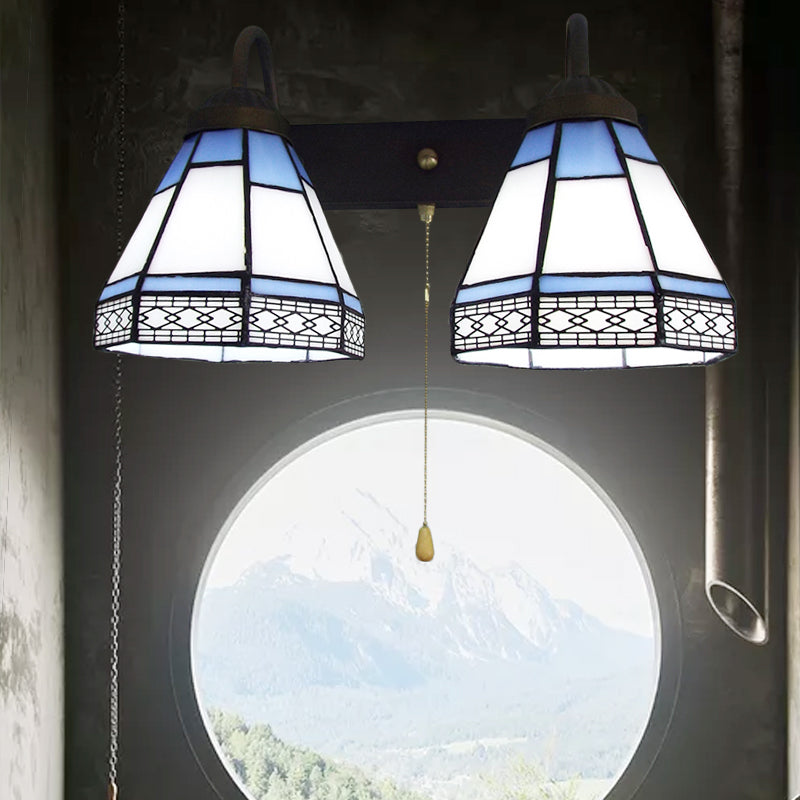 BowLift | 2 Heads Wall Mounted Light Tiffany Cone Shaped White Glass Wall Light with Pull Chain