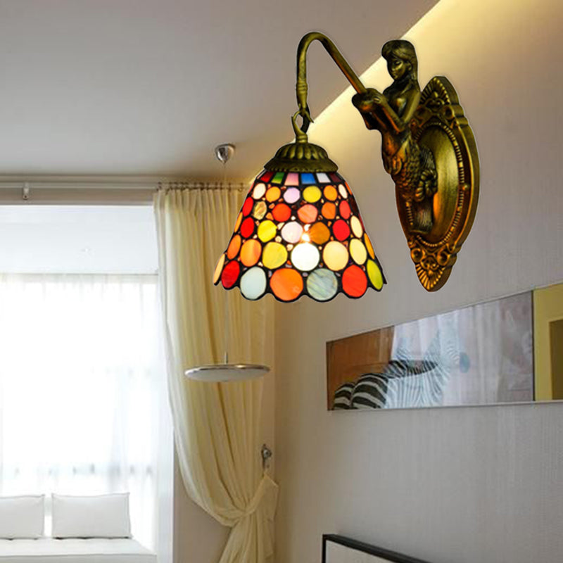 BowLift | 1 Head Wall Mount Light Tiffany Bell Multicolor Stained Glass Wall Lamp Fixture in Antique Brass