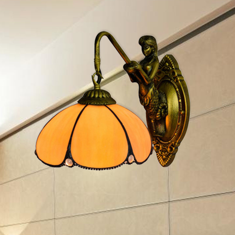 BowLift | Antique Brass Flower Wall Lighting Fixture Tiffany 1 Head Yellow Glass Wall Lamp with Mermaid Decoration