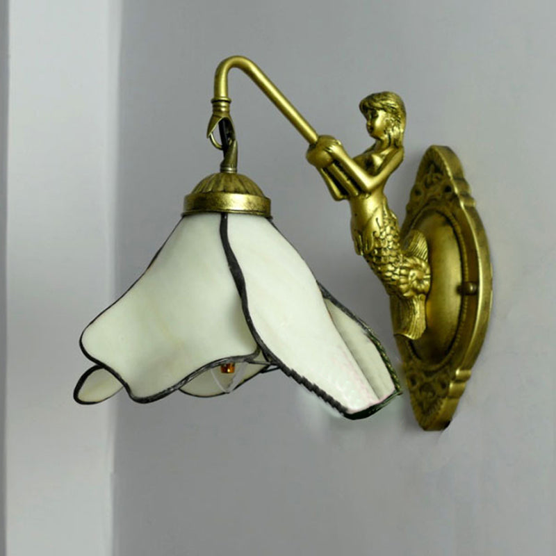 BowLift | 1 Head Flower Wall Mount Lighting Tiffany Blue/Clear/Pink Glass Wall Lamp with Mermaid Backplate