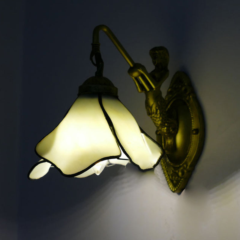 BowLift | 1 Head Flower Wall Mount Lighting Tiffany Blue/Clear/Pink Glass Wall Lamp with Mermaid Backplate