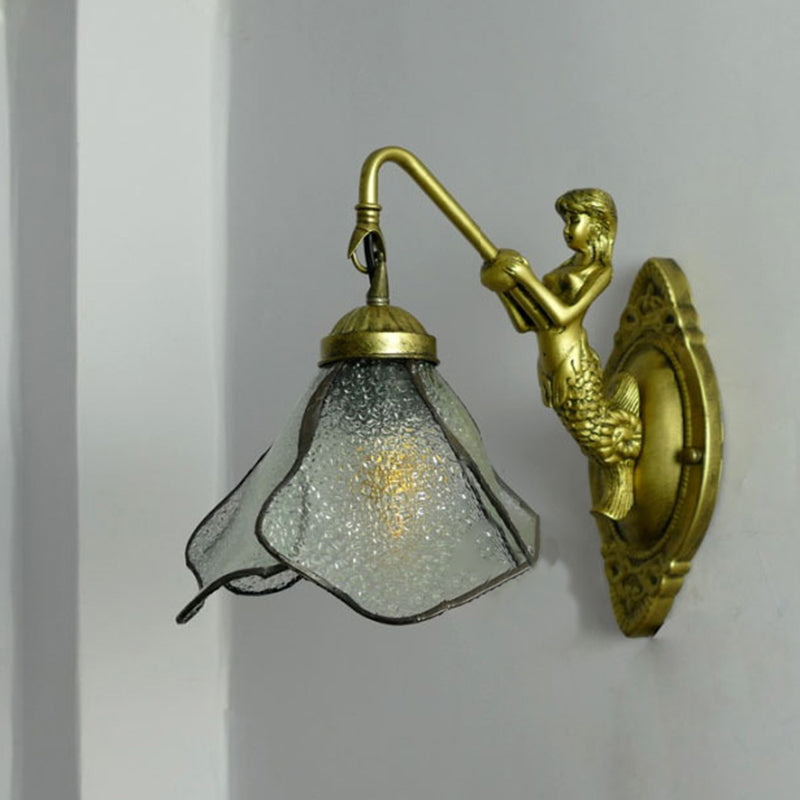 BowLift | 1 Head Flower Wall Mount Lighting Tiffany Blue/Clear/Pink Glass Wall Lamp with Mermaid Backplate