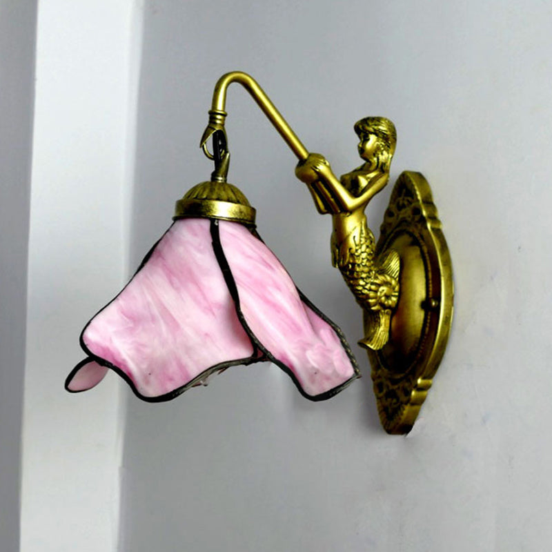 BowLift | 1 Head Flower Wall Mount Lighting Tiffany Blue/Clear/Pink Glass Wall Lamp with Mermaid Backplate