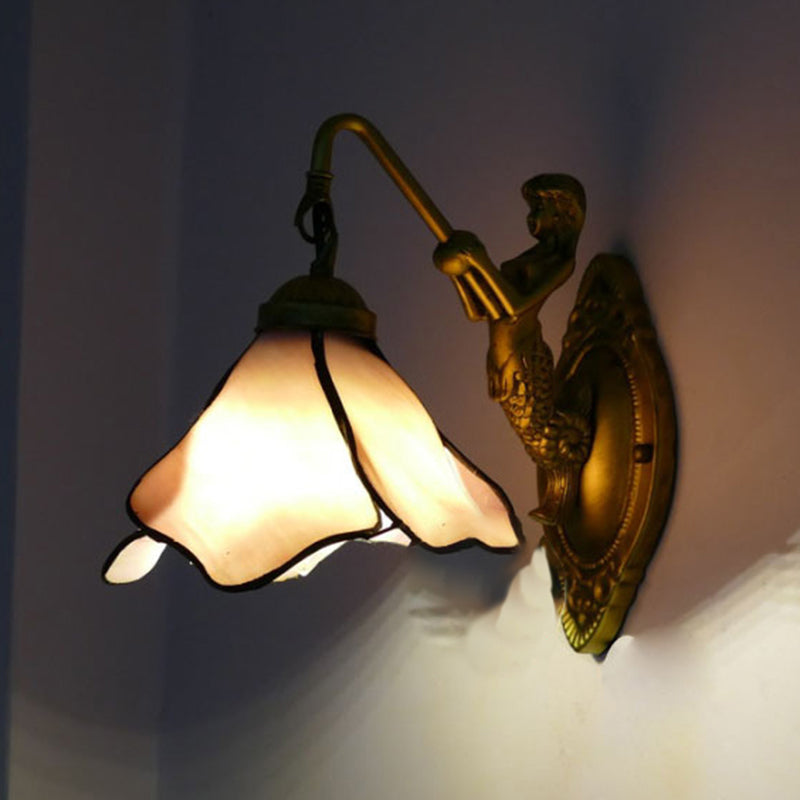 BowLift | 1 Head Flower Wall Mount Lighting Tiffany Blue/Clear/Pink Glass Wall Lamp with Mermaid Backplate