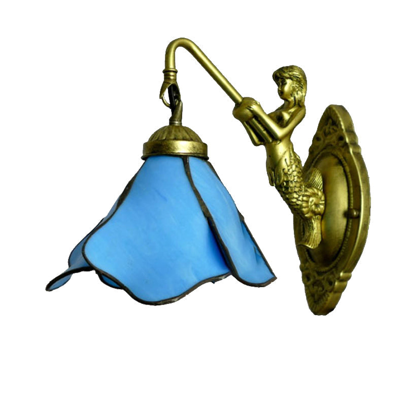 BowLift | 1 Head Flower Wall Mount Lighting Tiffany Blue/Clear/Pink Glass Wall Lamp with Mermaid Backplate
