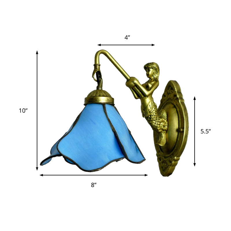 BowLift | 1 Head Flower Wall Mount Lighting Tiffany Blue/Clear/Pink Glass Wall Lamp with Mermaid Backplate