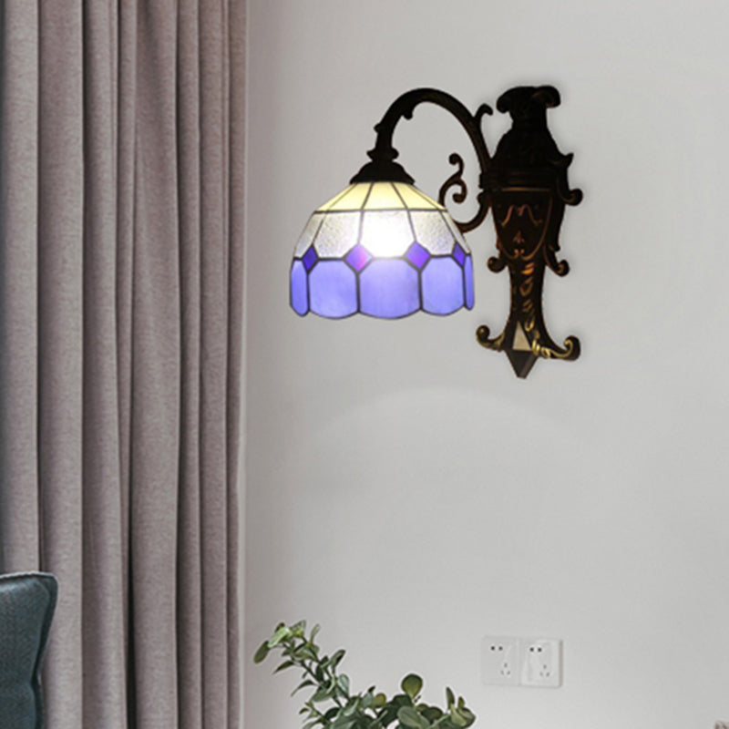BowLift | 1 Light Grid Dome Wall Sconce Tiffany Vintage Glass Wall Lamp in Blue for Dining Room