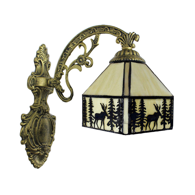 BowLift | 1 Light Forest Deer Wall Lamp with Lodge Shade Tiffany Rustic Wall Fixture in Beige for Hotel