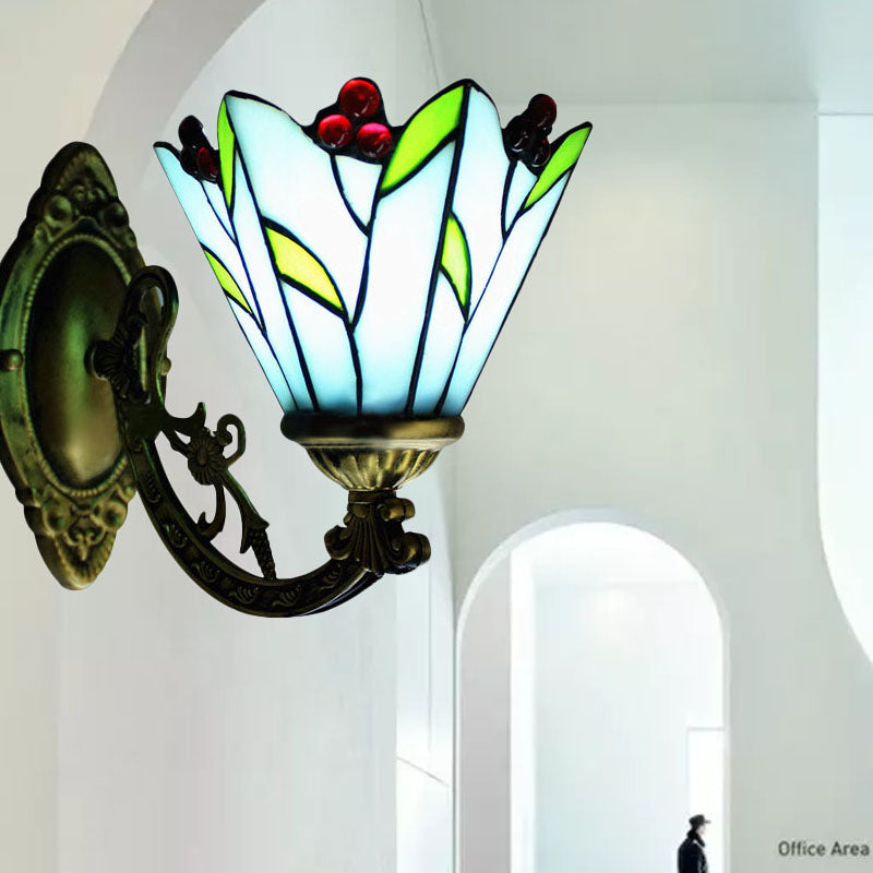 BowLift | Stained glass flower and leaf wall lamp 1 main antique Tiffany wall light in blue for kitchen