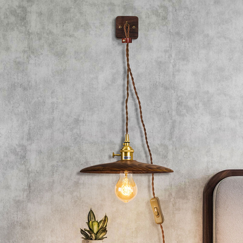 BowLift | Wooden Tray Plug Wall Lighting Ideas Rustic 1 Light Bulb 8"/10" Wide Nightstand Wall Lamp in Brown with Extra Long Cable