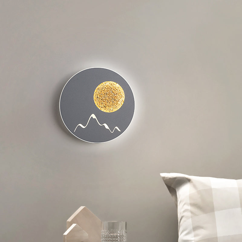 BowLift | Mini Round/Rectangle Slim LED Ceiling Light Nordic Metal Bedroom Wall Lamp Sconces in Black/White/Grey with Full Moon Mountain Pattern